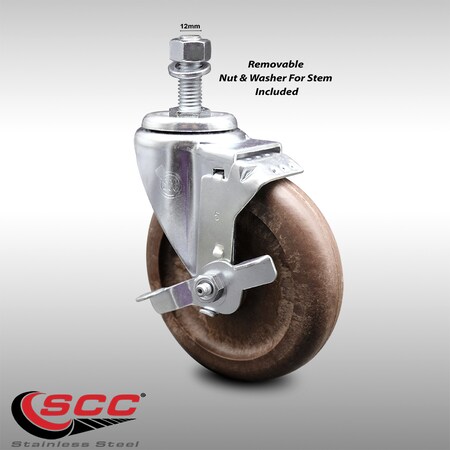 Service Caster 5 Inch SS High Temp Glass Filled Nylon 12mm Threaded Stem Caster with Brake SCC-SSTS20S514-GFNSHT-TLB-M1215